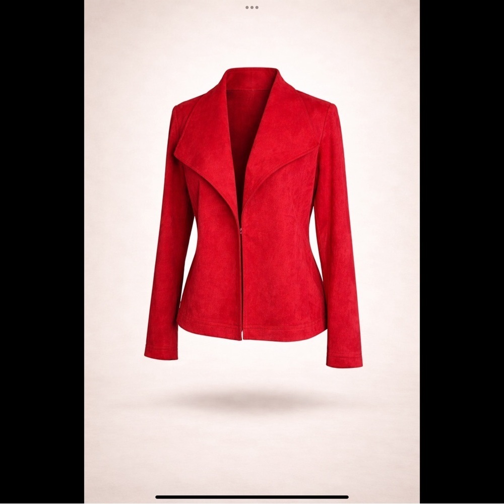Emmeline Petite Red Faux Suede Open Front Jacket PS - Picture 2 of 15
